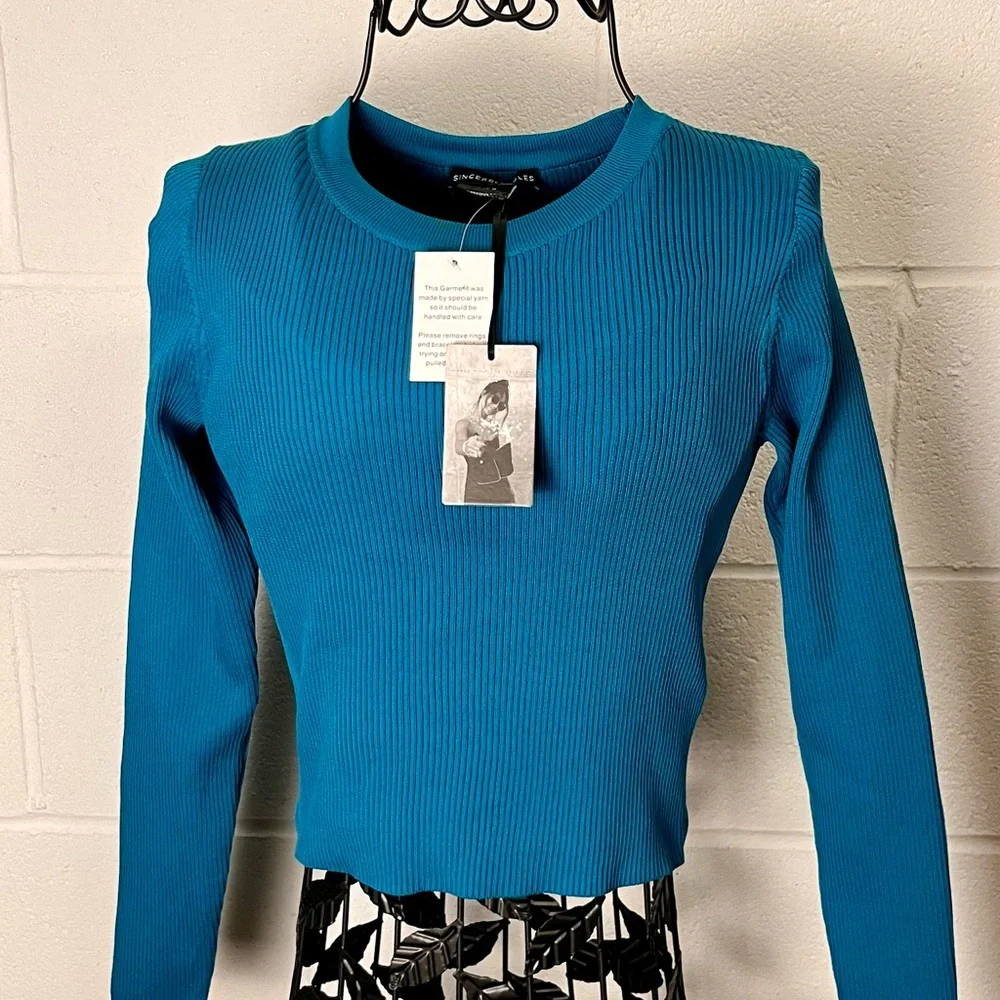 NEW Sincerely Jules Teal Ribbed Long Sleeve Top M - Picture 1 of 5